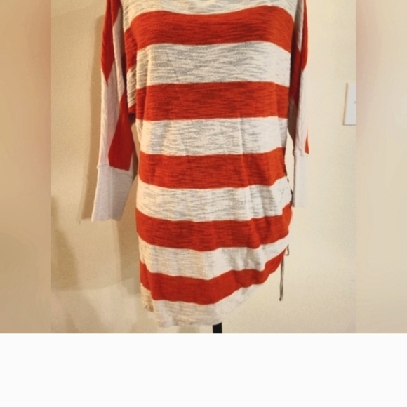 Express Orange & Cream Stripe Sweater W/Sleeves And Ruched Bottom Tie (Size Med) - Picture 2 of 15